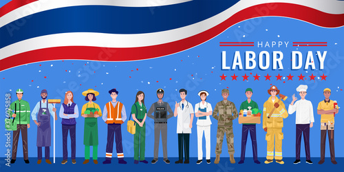 Happy Labor Day. Various occupations people standing with Thailand flag. Vector