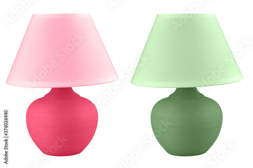 table lamp isolated on white background. Set of two lamps in green and pink colors