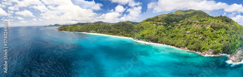 Aerial panoramic view of Praslin, Seychelles Islands © jovannig