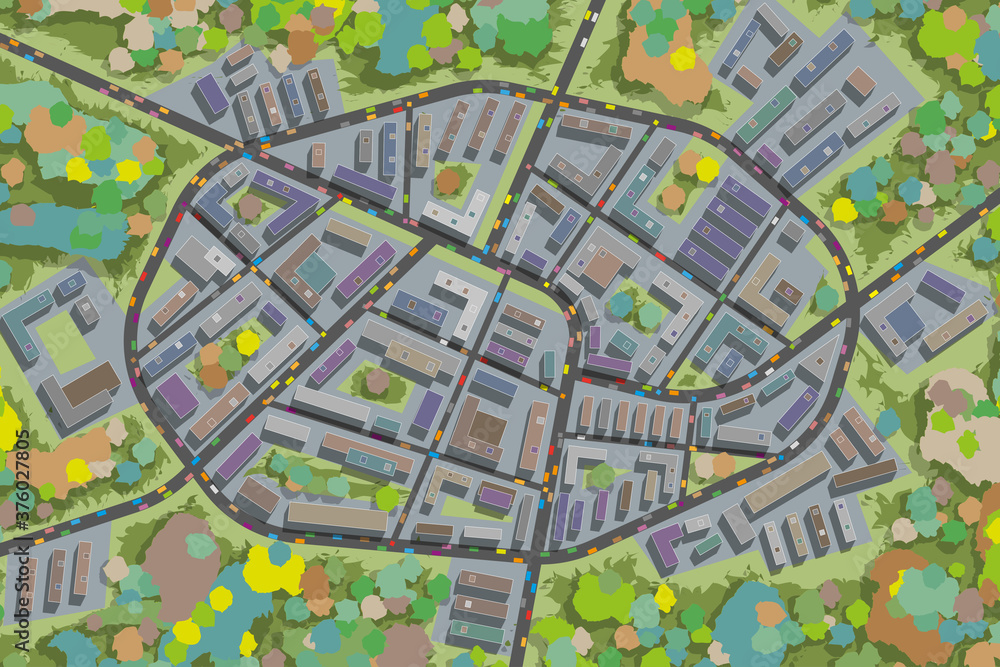 Obraz premium City top view. Streets, houses, buildings, roads, crossroads, park, trees, cars. (view from above)