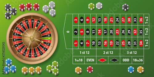 Roulette casino table. Top view.Vector realistic casino roulette table, wheel and chips. (view from above) 