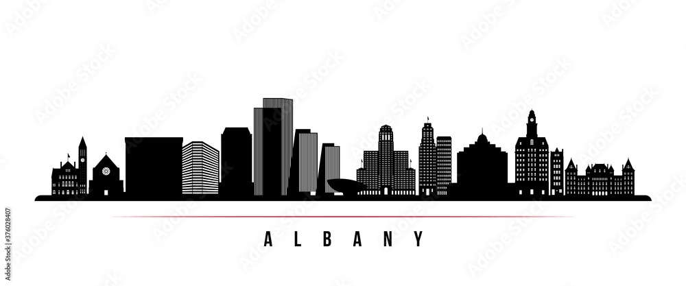 Albany skyline horizontal banner. Black and white silhouette of Albany City, New York. Vector template for your design.