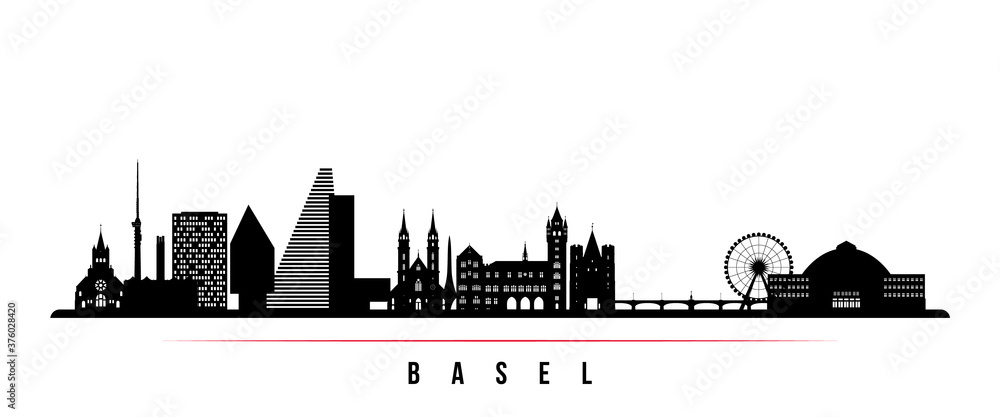 Basel skyline horizontal banner. Black and white silhouette of Basel City, Switzerland. Vector template for your design.