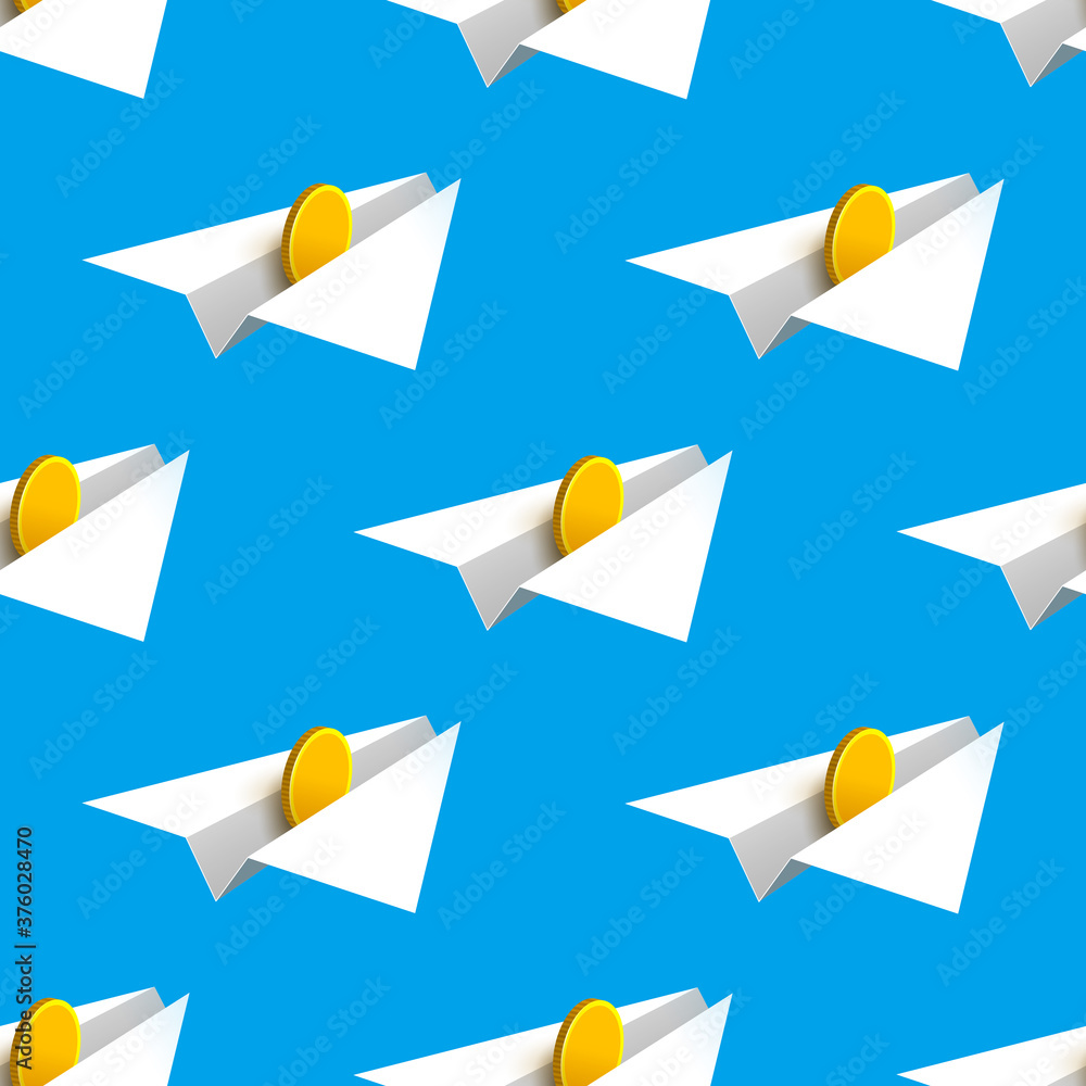 White paper airplanes with gold coins inside, seamless pattern White paper airplanes with gold coins inside, seamless pattern