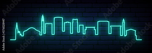 Blue neon skyline of Birmingham. Bright Birmingham City long banner. Vector illustration.
