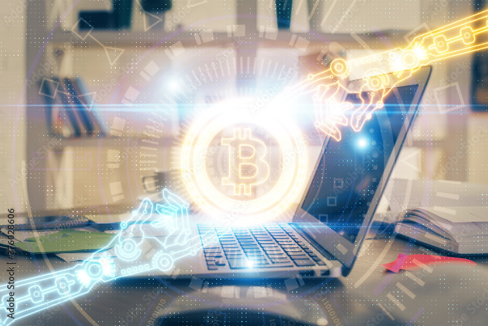 Multi exposure of blockchain theme hologram and table with computer background. Concept of bitcoin crypto currency. Multi exposure of blockchain theme hologram and table with computer background. Concept of bitcoin crypto currency.