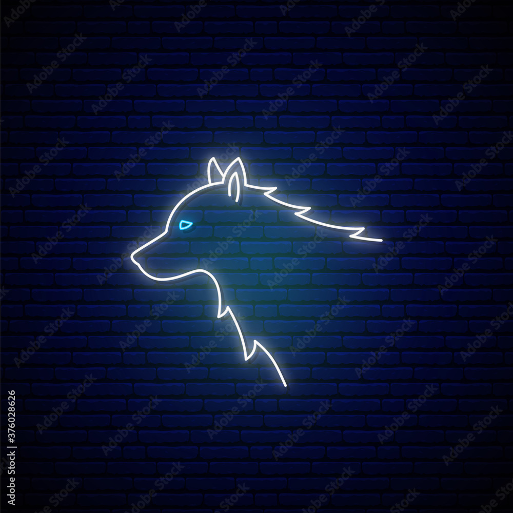 Wolf head neon sign. White glowing wolf emblem. Neon signboard. Vector  illustration. Stock Vector | Adobe Stock