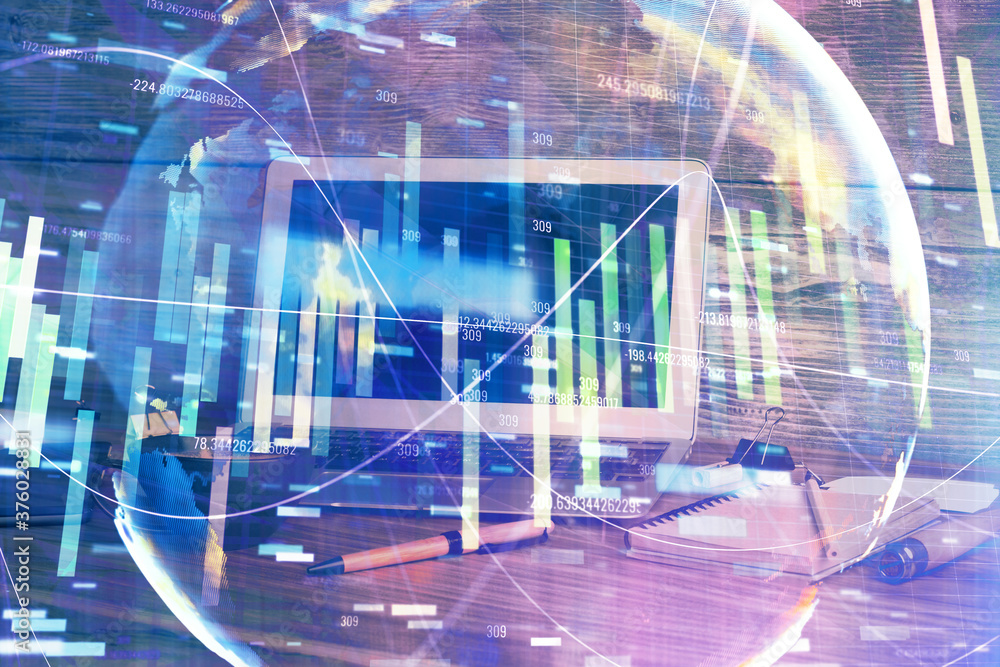 Multi exposure of business theme icons and table with computer background. Concept of success. Multi exposure of business theme icons and table with computer background. Concept of success.