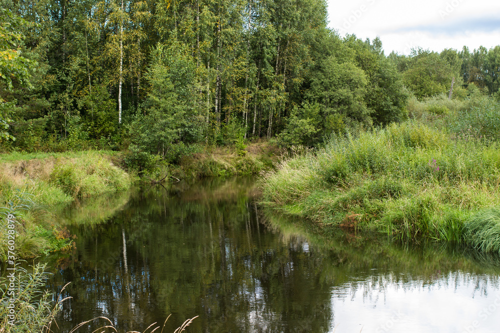 Rural landscape with calm river surrounded by green trees. Countryside nature in summer sunny day. Rural landscape with calm river surrounded by green trees. Countryside nature in summer sunny day.