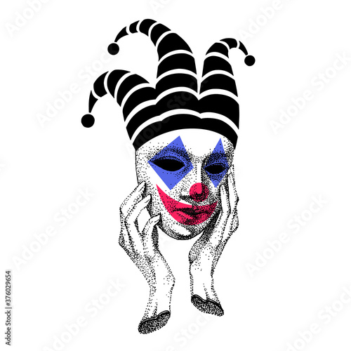 Joker. Sad clown. Sad smile. Drawing of the face of a circus performer. mask of lycidea, lycimer, trickster, rogue. creepy performance in the theater.