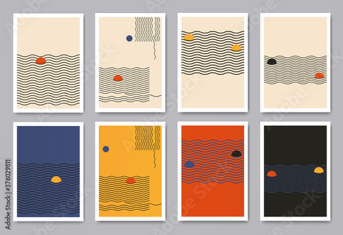 Modern minimalistic geometric patterns with dynamic wavy lines and circles