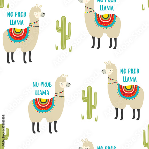 seamless cute llama pattern isolated on white