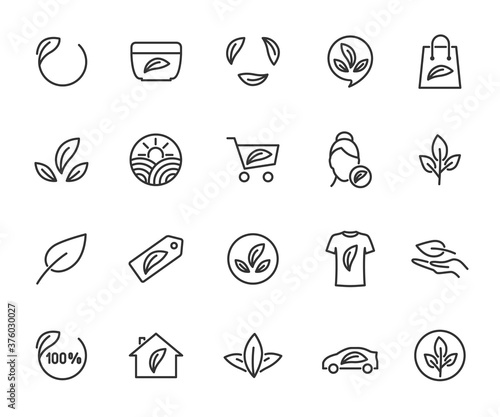 Vector set of organic product line icons. Contains icons eco, natural, organic cosmetics, food, clothing, housing, eco car, bio product and more. Pixel perfect.