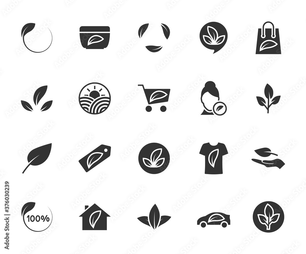Vector set of organic product flat icons. Contains icons eco, natural, organic cosmetics, food, clothing, housing, eco car, bio product and more. Pixel perfect.