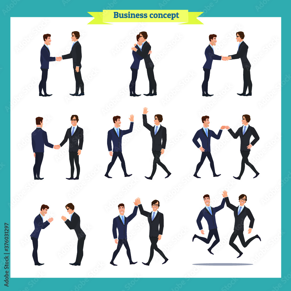 Ready-to-use character set. Businessmen in handshake. Various poses, emotions, greeting, standing, fist bump, giving high five, a bow, a hug. Full length, front, rear view isolated, white background Ready-to-use character set. Businessmen in handshake. Various poses, emotions, greeting, standing, fist bump, giving high five, a bow, a hug. Full length, front, rear view isolated, white background