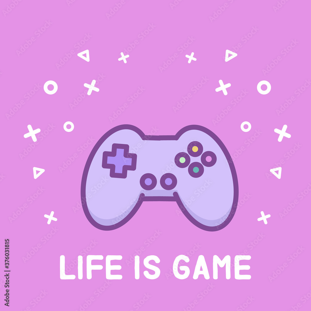 Joystick in doodle linear cartoon style on pink background with phrase text Life is Game. For Gamer girl. For poster, icon, logo, sticker, card. Vector kawaii isolated illustration