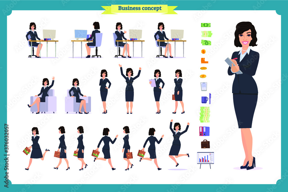 Ready-to-use character set. Young business woman in formal wear. Different poses and emotions, running, standing, sitting, walking, happy, angry. Full length, front, rear view against white background