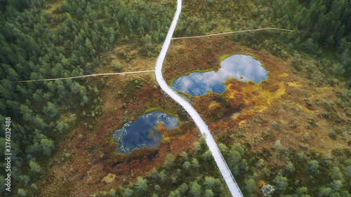Aerial view of a wooden path over a swamp in the wetlands National park Seitseminen, Finland. Ecological trail path.