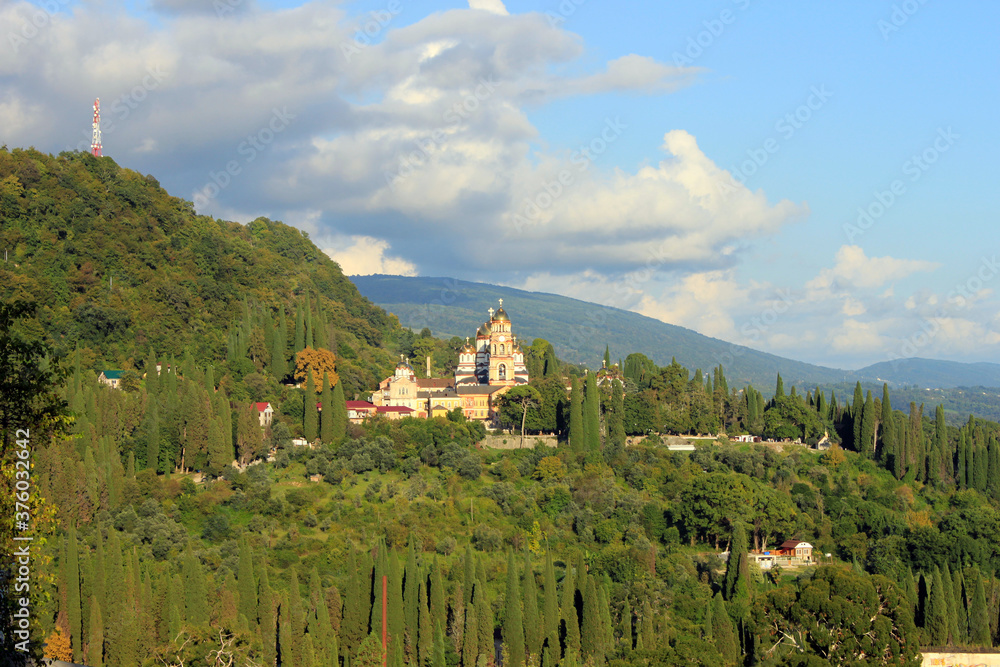 View of the new Athos monastery in New Athos in Abkhazia, Republic of Abkhazia, Caucasus.