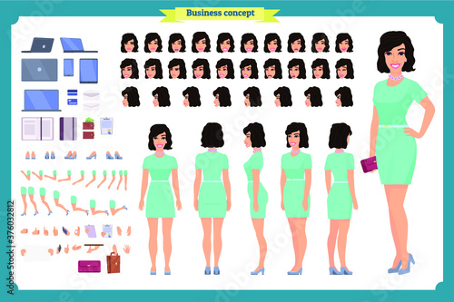 Pretty female office employee character creation set. Full length, different views, emotions gestures. Business casual women fashion. Build your own design. Cartoon flat-style infographic illustration