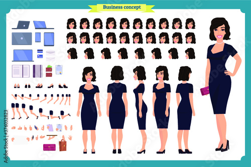 Pretty female office employee character creation set. Full length, different views, emotions gestures. Business casual women fashion. Build your own design. Cartoon flat-style infographic illustration