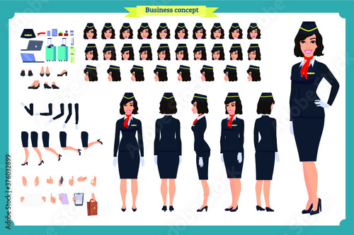 Woman character creation set. The stewardess, flight attendant. Icons with different types of faces and hair style, emotions, front, rear side. Vector flat illustration