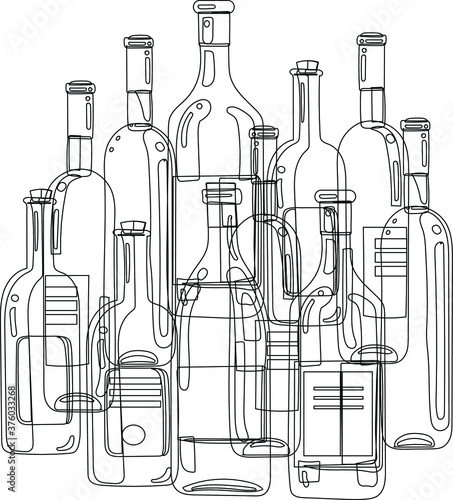 Contour image of bottles with various alcoholic beverages. White background and black outline of the drawing.