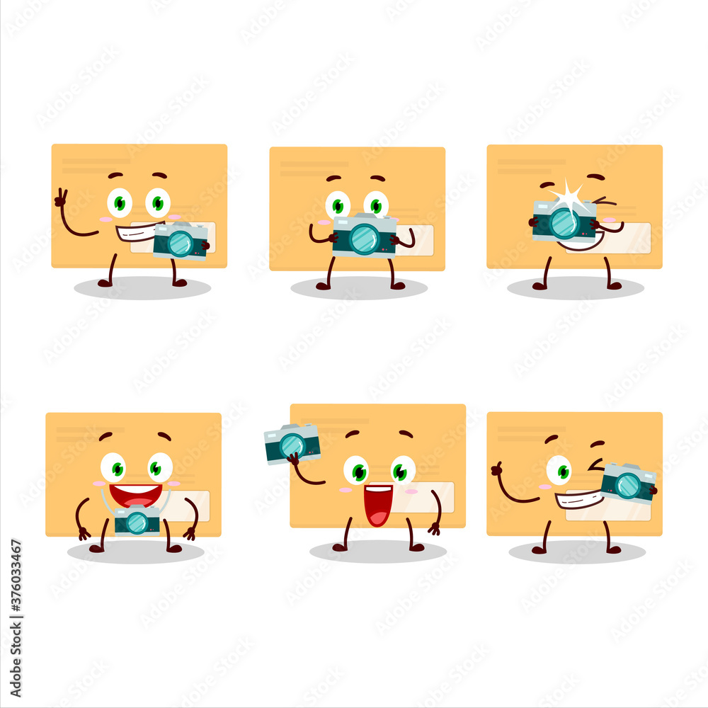 Photographer profession emoticon with brown rectangle envelope cartoon character