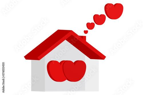 love and home, two hearts under one roof, the same house! Home and love, a classic union, living in a home with love and happiness, simple and romantic 3D three-dimensional graphics. photo