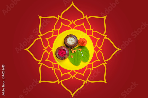 Happy Dussehra greeting card , green leaf and Rice,Indian festival Dussehra photo