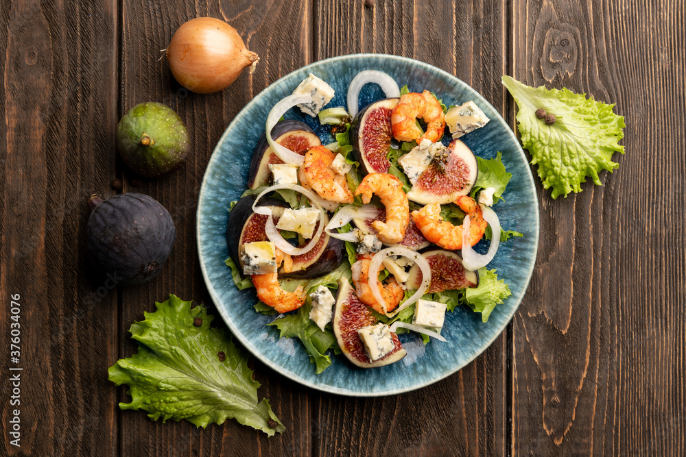 Plate with shrimps salad. Top view Plate with shrimps salad. Top view