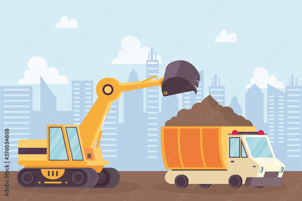 Fotografie construction excavator and dump vehicles in workplace scene