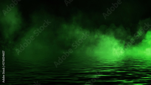 Mystic green fire smoke on abstract background. Paranormal chemistry fog with reflection on the shore.