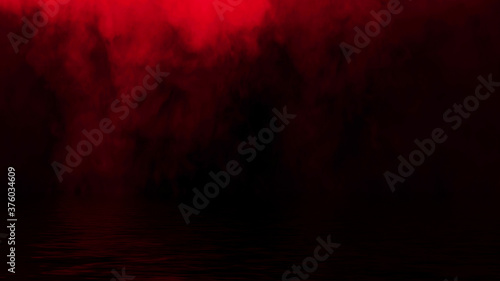 Mystic red fire smoke on abstract background. Paranormal chemistry fog with reflection on the shore.