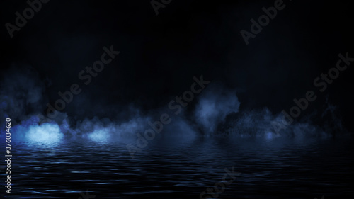 Mystic blue fire smoke on abstract background. Paranormal chemistry fog with reflection on the shore.