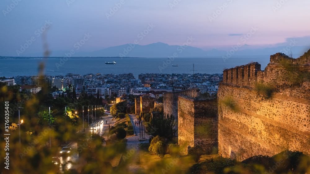 Panoramic view of Thessaloniki at beautiful summer twillight with Mount Olympus at background