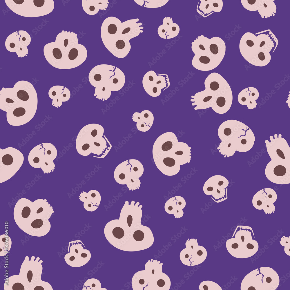 Pink cartoon skulls seamless vector pattern on a purple background. Halloween surface print design for fabrics, stationery, gift wrap, home decor, and packaging.