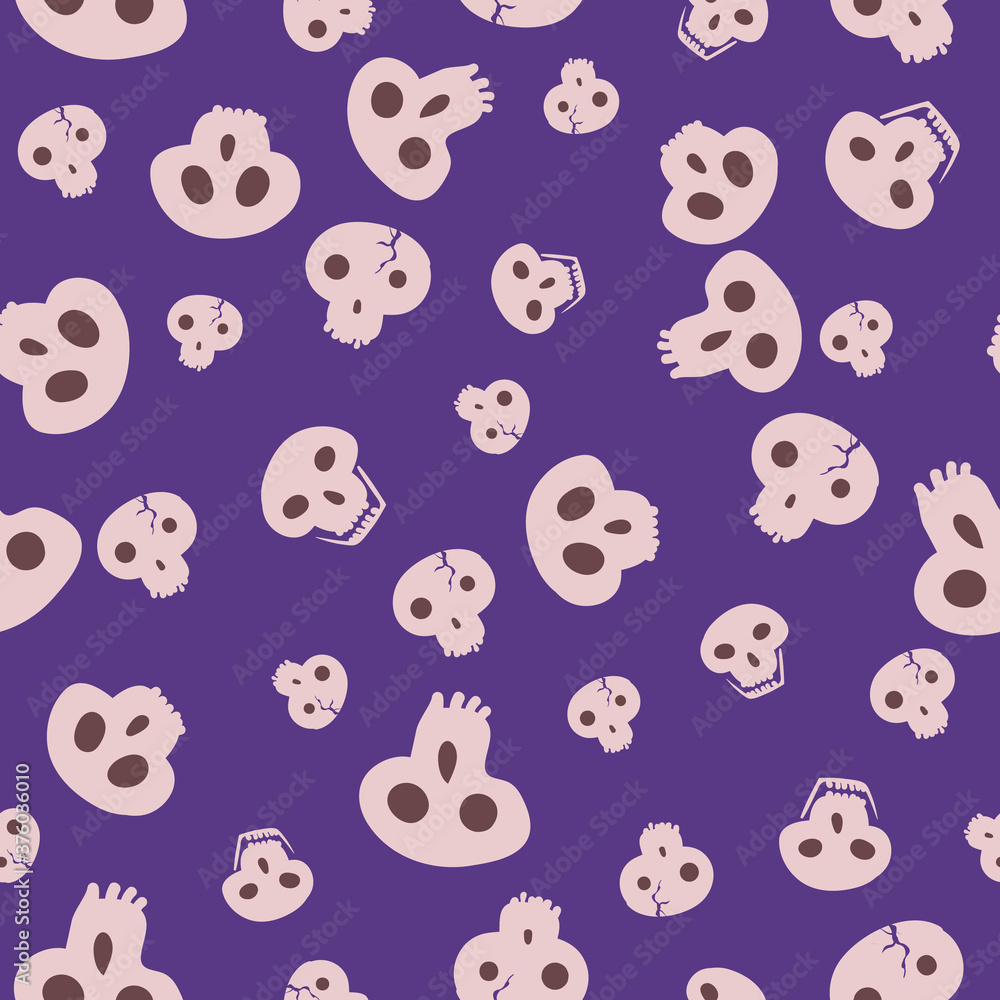 Pink cartoon skulls seamless vector pattern on a purple background. Halloween surface print design for fabrics, stationery, gift wrap, home decor, and packaging. Pink cartoon skulls seamless vector pattern on a purple background. Halloween surface print design for fabrics, stationery, gift wrap, home decor, and packaging.