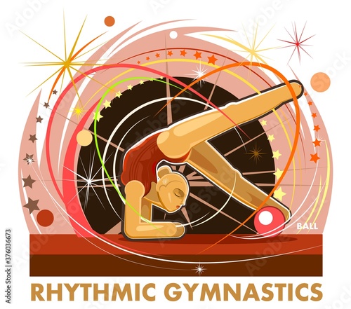 Girl gymnast. Sport symbol. Isolated vector illustration on white background. A woman performs in competitions. Rhythmic gymnastics logo with a ball.