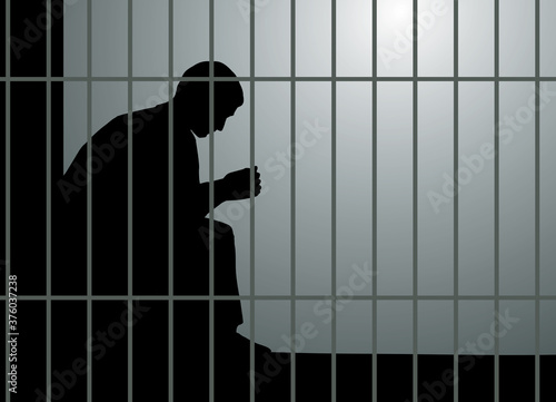 A man sits on a bench in prison. Vector drawing