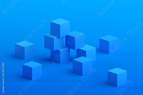 Abstract 3d render  geometric composition  blue background design with cubes