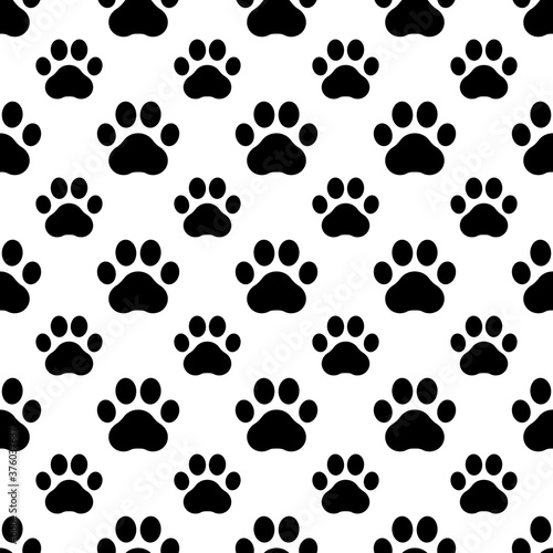 Pet prints. Paw seamless pattern. Cute background for pets  dog or cat. Foot puppy. Black silhouette shape paw. Footprint pet pattern. Animal track. Trace foot dog  cat. Design for print. Vector