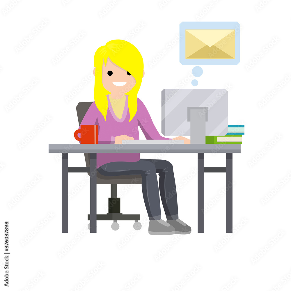 Young woman sit at table with computer and receives letter. Cartoon flat illustration. Work in office Young woman sit at table with computer and receives letter. Cartoon flat illustration. Work in office