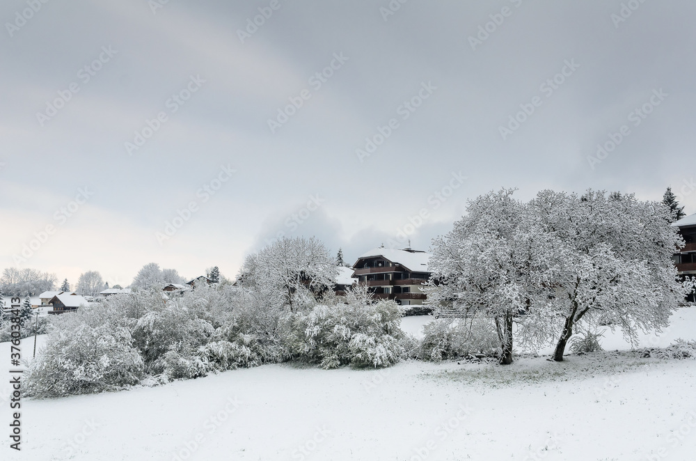 Φωτογραφία Mountain village in the French alps near the Geneva lake after a snowfall