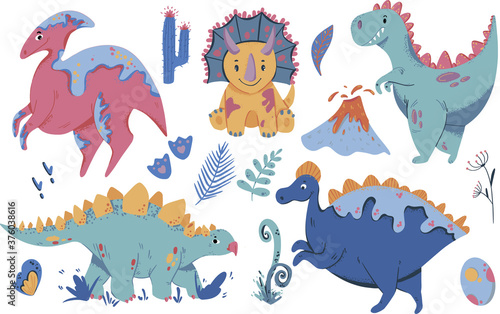 Set of cute dinosaur illustrations. Cartoon vector icons are suitable for cards, wallpapers, backgrounds, fabric and textile print