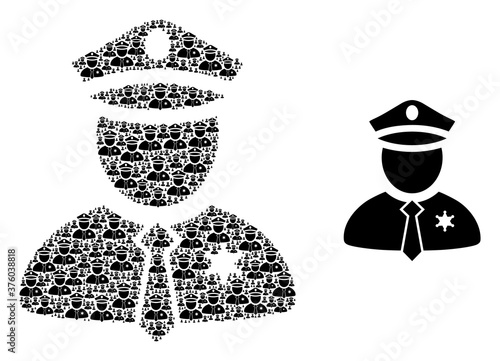 Recursion mosaic police guy and source icon. Vector mosaic is constructed from randomized police guy parts. Flat vector design on a white background.
