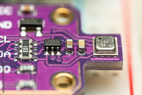 Macro Photo of a Purple PCB Module for the BME680 MEMS Environmental Sensor. 