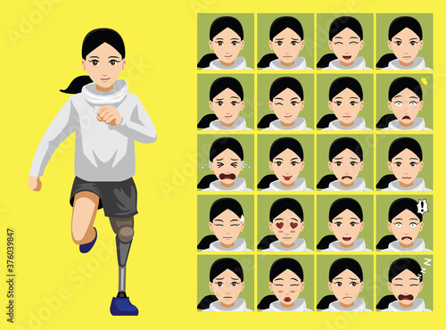 Manga Style Woman with Prosthetics Leg Character Emotions