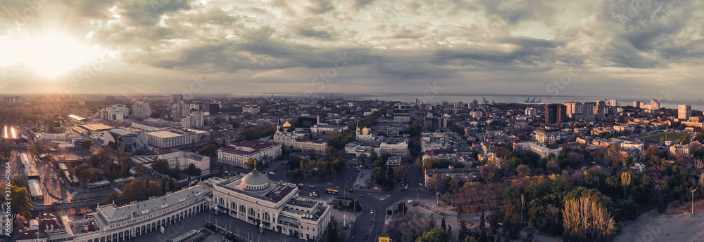 Air panorama the urbane landscape with sunset in Odessa Ukraine