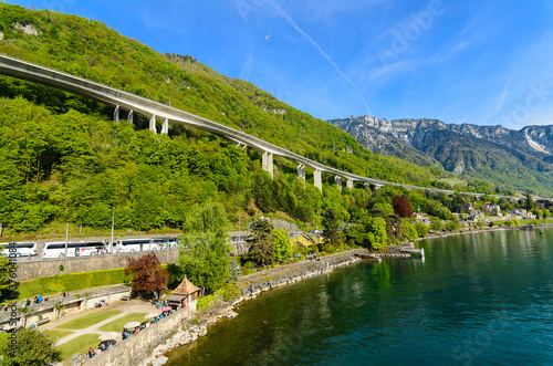 View of Lake Geneva surrounding the alps and coastal towns. Switzerland.